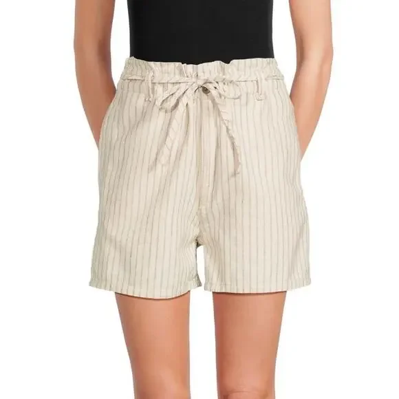 rag & bone Striped Shorts Size 30 Ivory Cream Linen Blend Paperbag High Waist - Picture 2 of 13